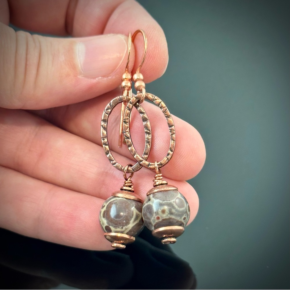 Handmade Artisan Earrings, Oval Copper Hoop Orbicular Jasper Fall/Autumn Dangles